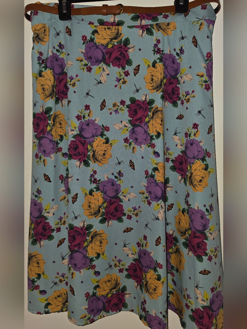 Black Bead Floral Maxi Skirt in Light Blue with Yellow & Purple Roses